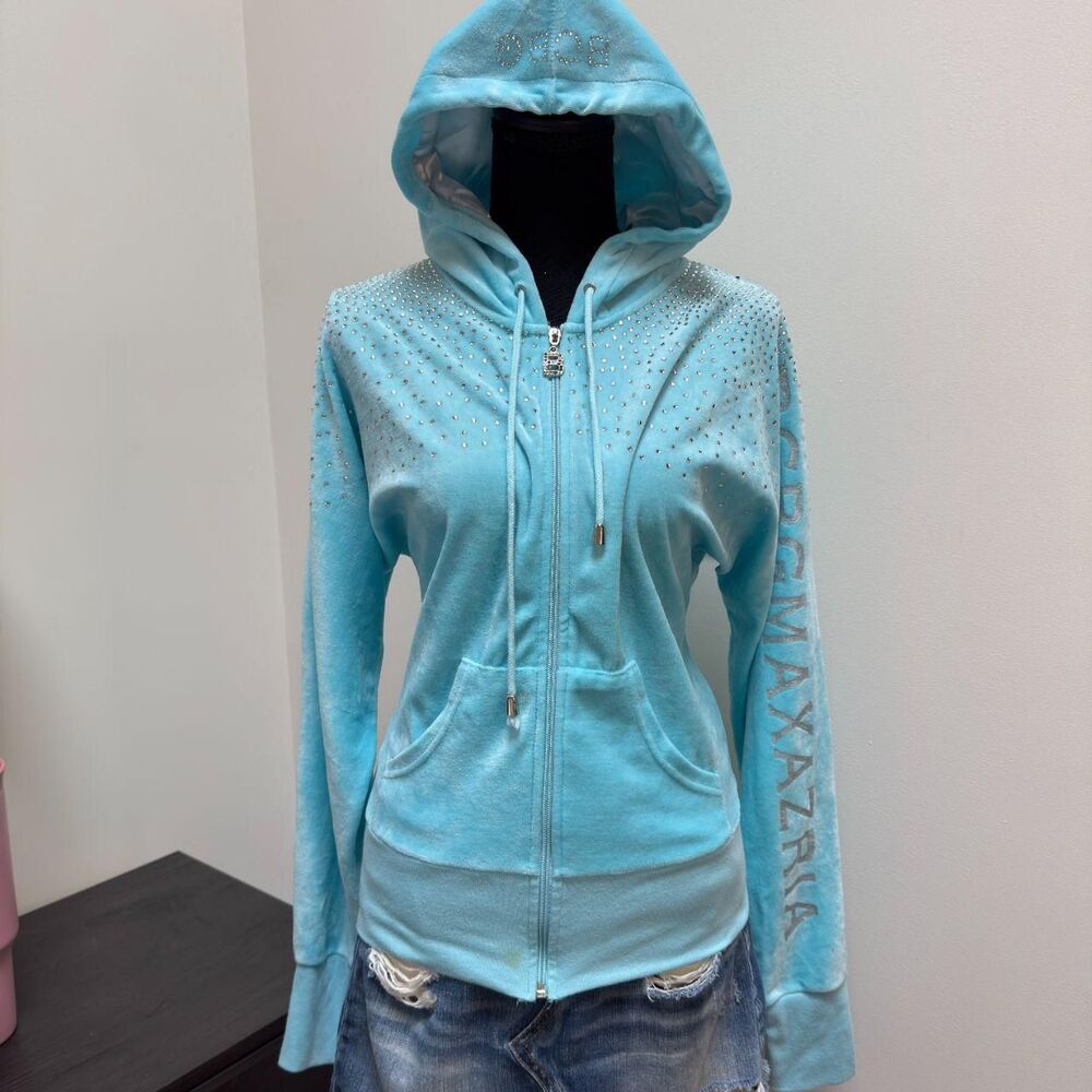 Vintage BCBGMAXAZRIA Baby Blue Velour Zip-Up Jacket, Y2K Bedazzled Hoodie \ Sz M
